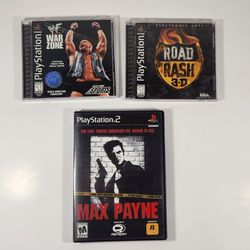 LOT OF 3 PLAYSTATION 1 & 2 GAMES MAX PAYNE ROAD RASH 3D WF WARZONE