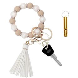 Beige Beaded Bracelet Keychain with Tassel & Whistle