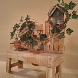 Rustic Wooden Plant Stand with Ivy Decor