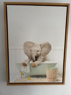 Baby Elephant in Bathtub Framed Canvas Wall Art