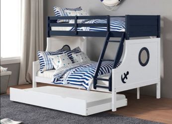 Brand New White & Blue Twin Over Full Bunk Bed (Trundle Sold Separately)