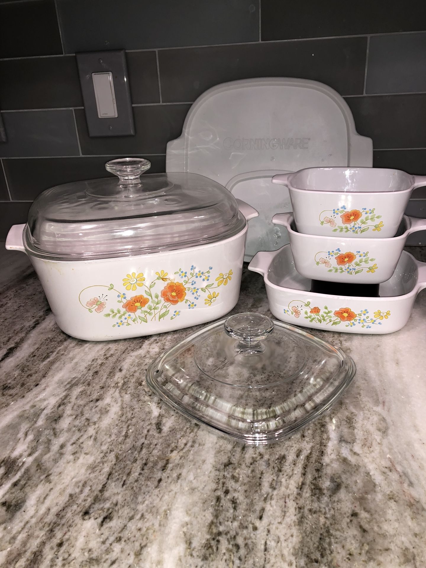 Vintage Corning Ware Wildflower 8 piece Square Casserole Dishes 