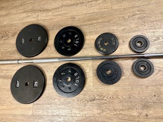 6 ft Steel Barbell with Standard Cast Iron Plates: 25s, 10s, 5s and 2.5s in NEW Condition  total: 105 lbs