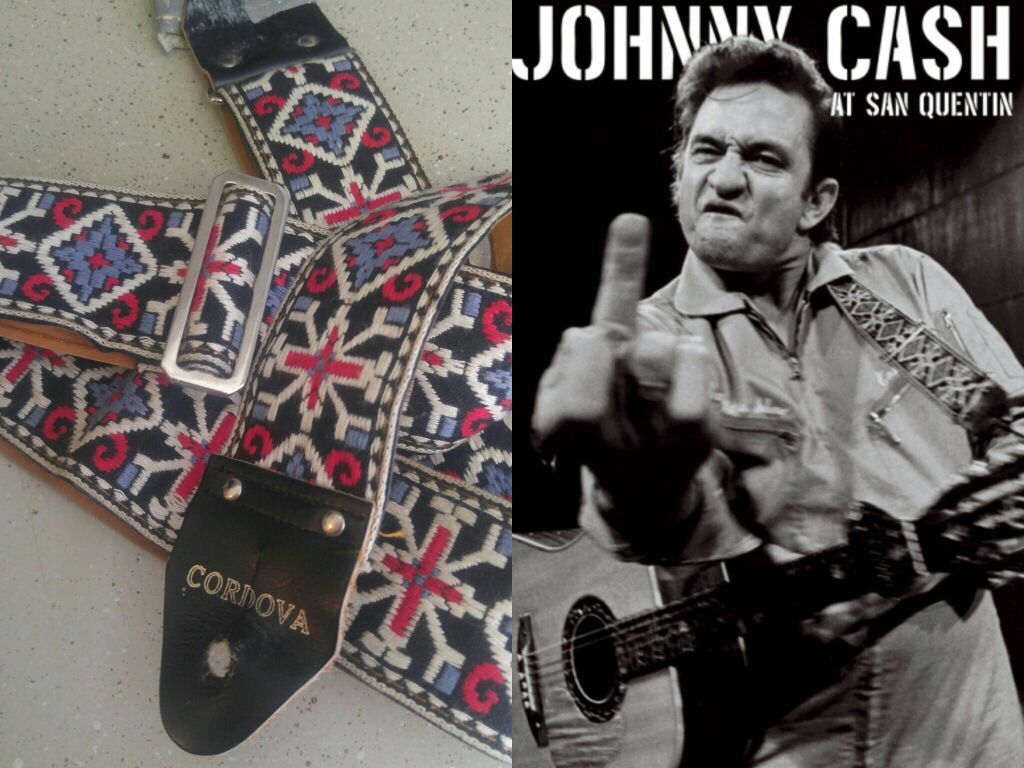 Rare Vintage Johnny Cash Guitar Strap! Famous "The Finger" San Quentin photo, Original Colors! Red, White and Blue 1960's, hootenanny, Cordova
