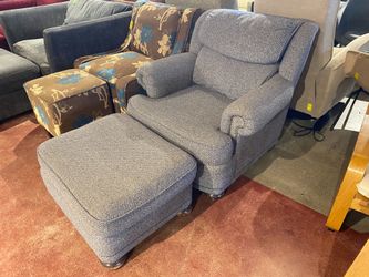 Grey Herringbone Pattern Armchair and Ottoman