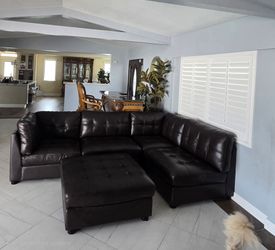 Brown Leather Sectional Sofa with Ottoman