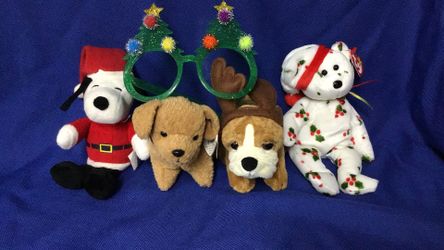 Holiday Beannie Babies New With Tags TUFFY, Holiday Teddy, Russ Howliday Dog, Snoopy & Glasses