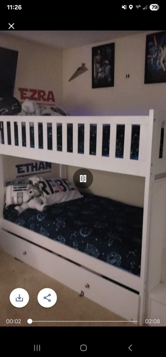 White Bunk Bed With stairs Drawers $100 And A Gray loft bed  $50 
