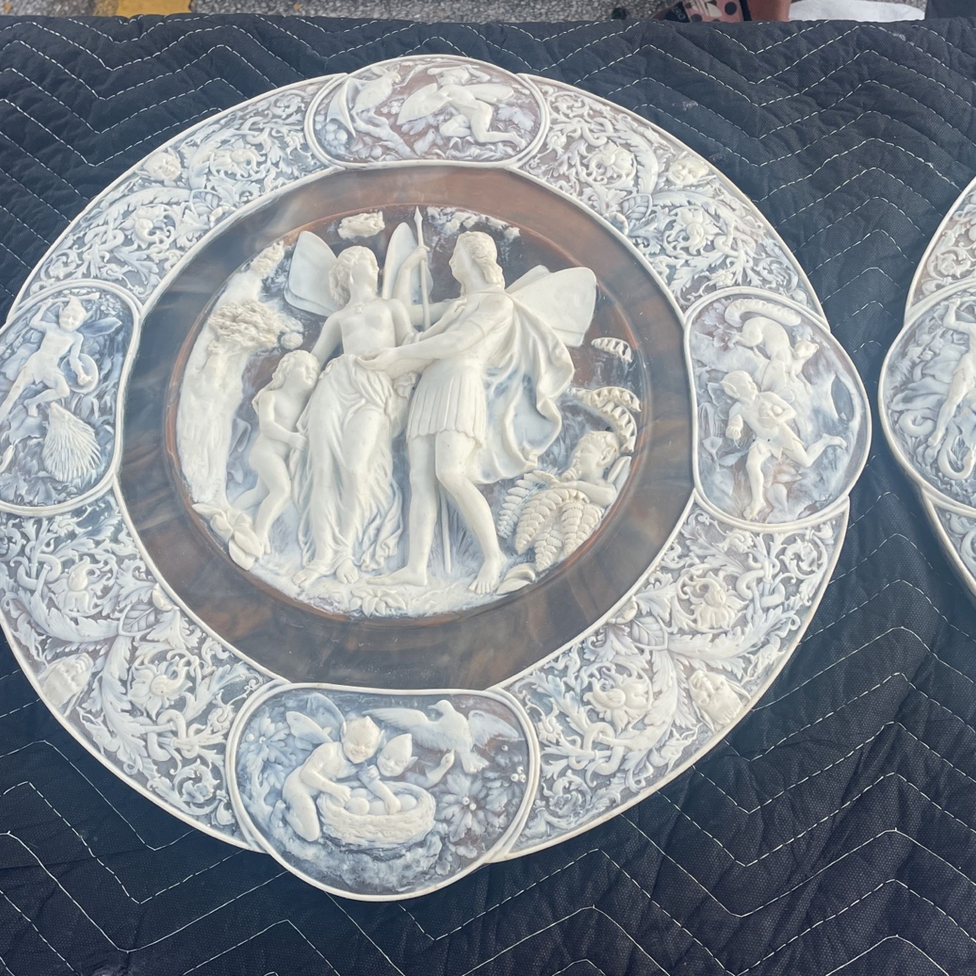 Giant Incolay Stone Plate/Plaques Pair