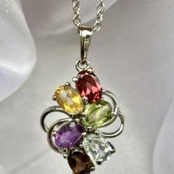 Multi Gemstone Pendant on 20" Stainless Steel Necklace
