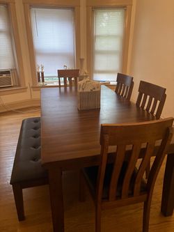 Dark Wood Dining Table with Chairs and Bench