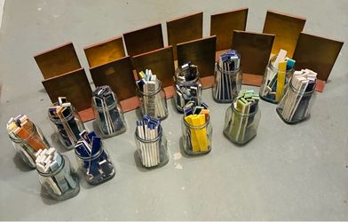 Mosaic tile strips, approx. 5 1/2”, multiple colors, 6 pair of brass bookends ready to be mosaicked. Buy it all for $75.