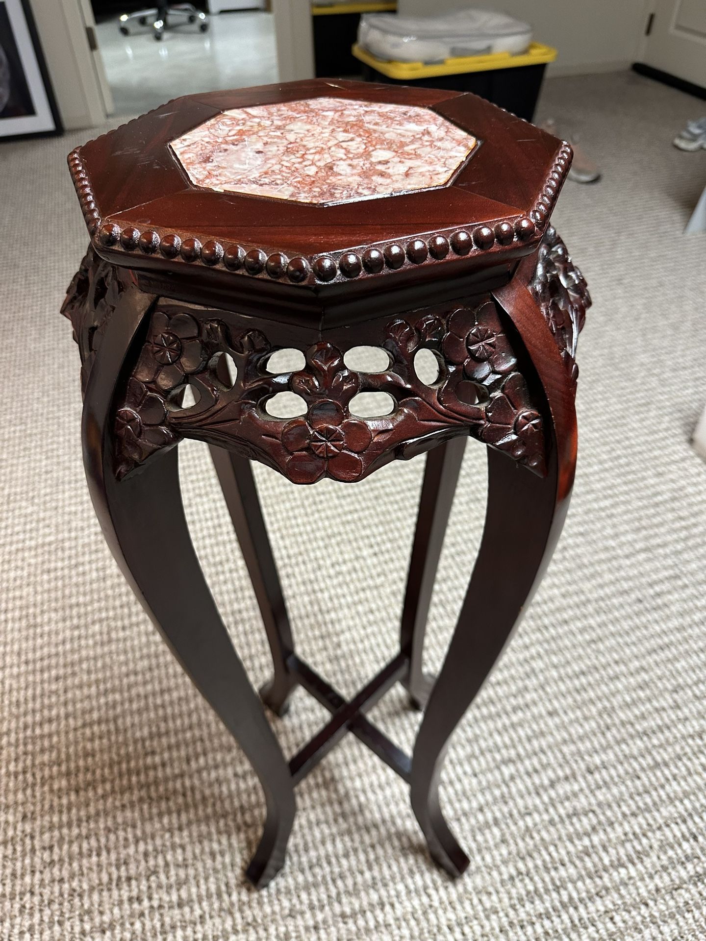 19th Century Chinese Rosewood Carved Tall Pedestal Stand Table Marble Top