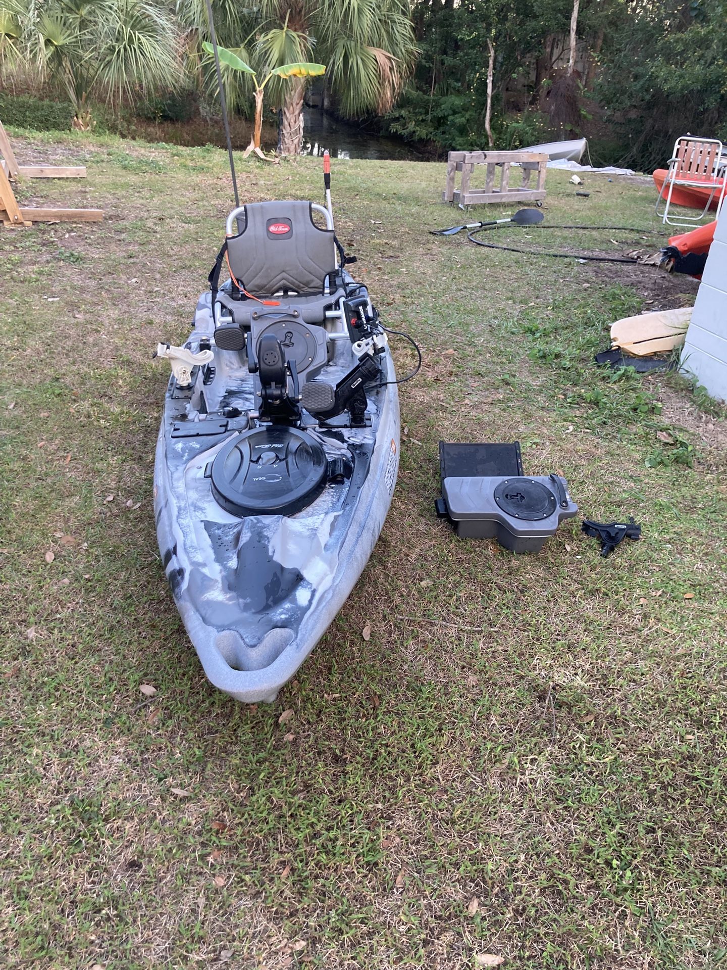 Old Town Predator PDL/ Big Water 132 fishing kayak with power pole, micro, and fishfinder