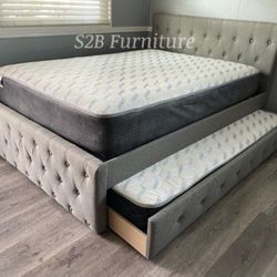 Full Twin Size Grey Trundle Bed W Ortho Mattress 
