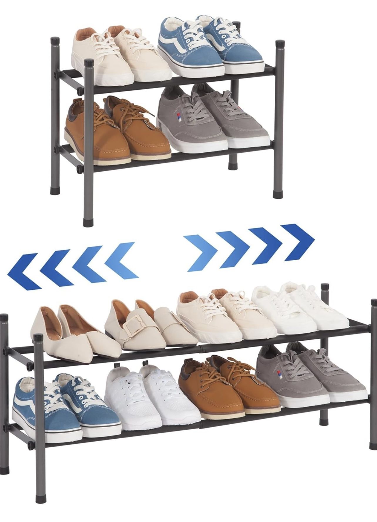 Expandable 2-Tier Shoe Rack – Adjustable Metal Shelf, Holds 4–8 Pairs, Black, Brand New