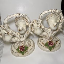 Vintage Porcelain Bird Tree Figurines Pair White Gold Accents Floral Base Set