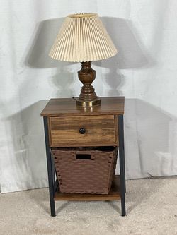 Compact Nightstand with Lamp & Basket PERFECT FOR SMALL SPACE
