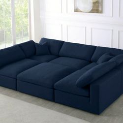 Serene Linen / Wood Navy Deluxe Cloud Modular Sectional

