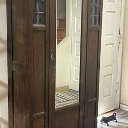 Gorgeous Antique Arts & Crafts Oak Wood Wardrobe Cabinet w/ Mirror Metal Wheels