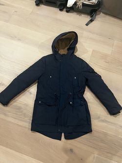 Zara Boys Navy Blue Hooded Parka Jacket Faux Shearling Fleece Hooded size 11/12