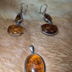 Vintage Sterling Silver Three-piece Amber Set, Double-sided Earrings And Pendant