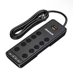 15 ft. 10-Outlet Surge Protector Power Strip with 4-USB Ports, 2480 J, Black