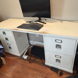White Pottery Barn Desk with Dual File Cabinets – 70” Wide