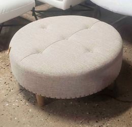 New Beige Fabric Upholstered Natural Wood Cocktail Coffee Table Ottoman 