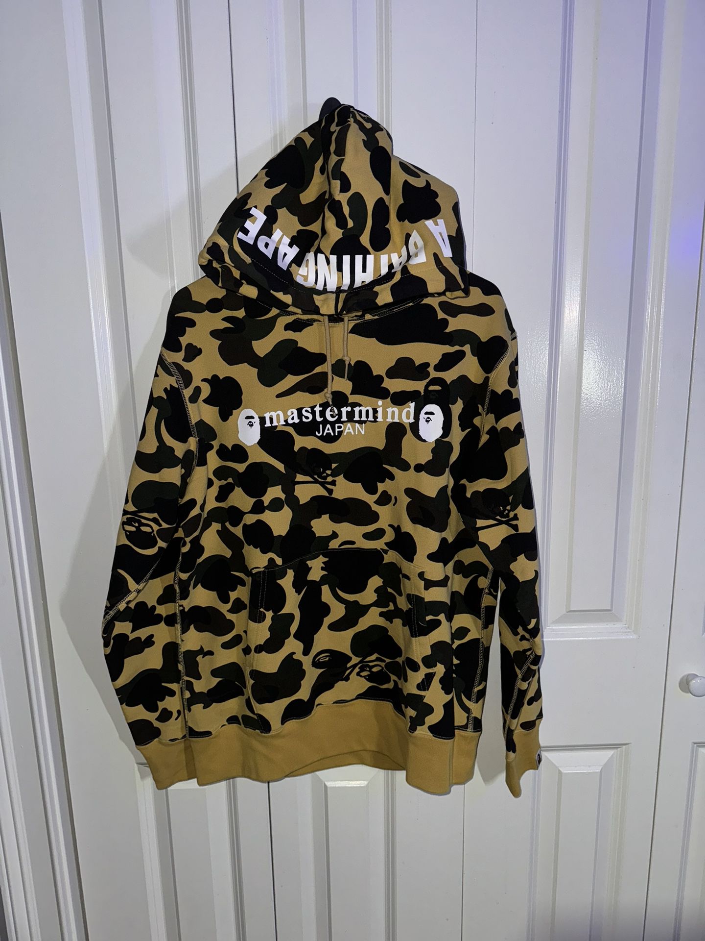 BAPE x Mastermind Japan 1st Camo Embroidered Skull Hoodie Yellow Tan Size L Rep
