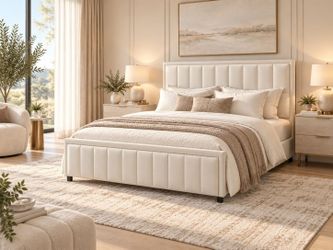 Full Bed Frame, 50" Chenille Headboard & 17.5" Footboard, Beige
Vertical tufting and nailhead trim add tailored style. Hardwood slats, a metal frame, 