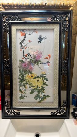 Framed Asian Floral Bird Embroidery Art