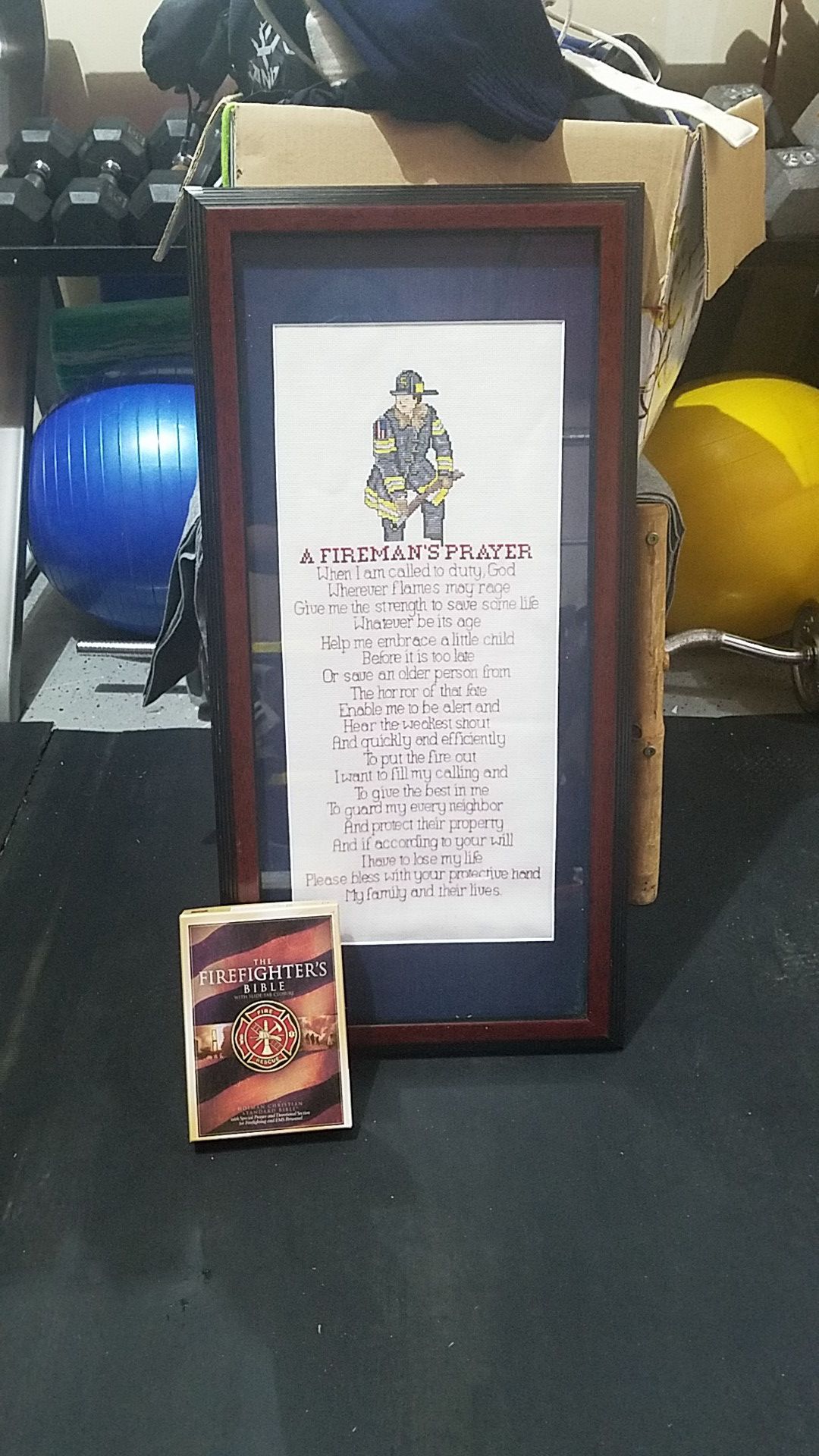 Framed A Firemans Prayer cross stich and firefighters bible wall decor art