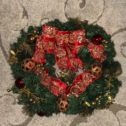 24" Elegant Green Holiday Wreath Ornaments/Ribbon Gold/Red (The Home Depot)