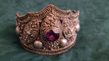 Vintage 950 Sterling Silver & Amethyst Crown Style Cuff Bracelet Forearm Sleeve