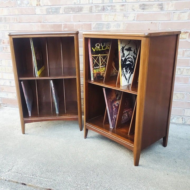 Pair Of Mid Century Modern Walnut Record Cabinets Vintage