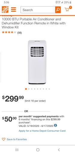 10000 BTU Portable Air Conditioner and Dehumidifier Function Remote in White with Window Kit (98)