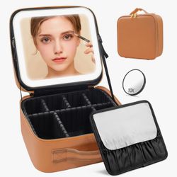 Makeup Case, Lighted Mirror, Travel, Waterproof, Brown