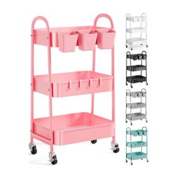 3 Tier Metal Rolling Cart with Lockable Wheels and Handle, Three Tiered Pink Trolley Cart on Wheels, Utility Storage Organizer for Bathroom, Kitchen, 