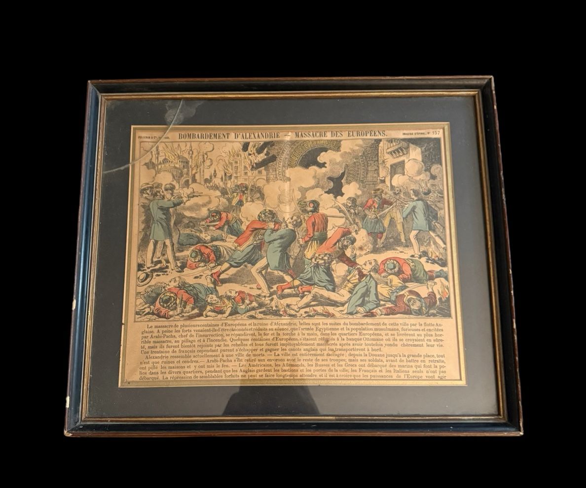 Bombardment of Alexandria Massacre of Europeans 1882 Etching framed 14x18