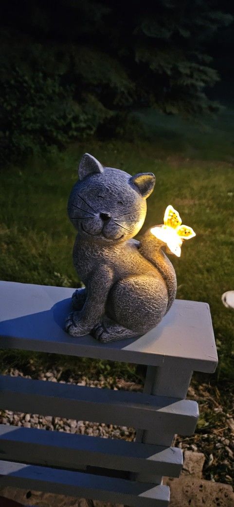 Solar Cat Garden Statue with Butterfly - Outdoor Yard and Patio Decor