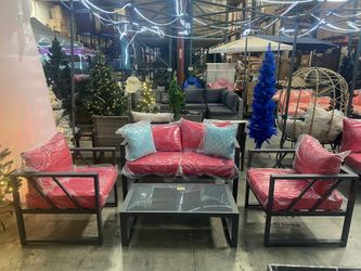 4-Piece Aluminum Patio Conversation Set with Red Cushions