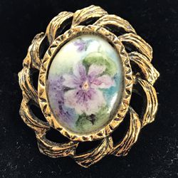 Miniature Painted Floral Porcelain Cameo Brooch