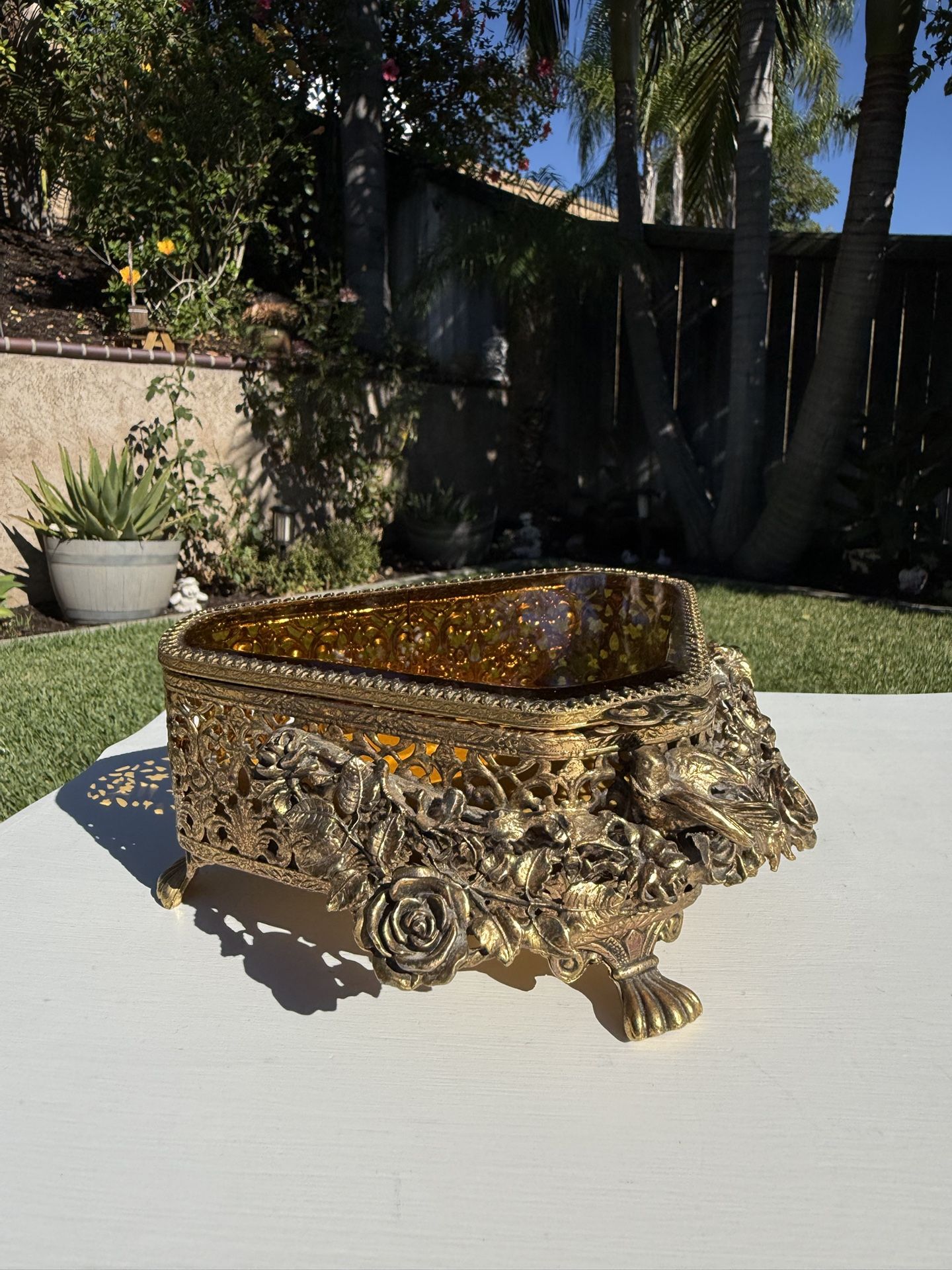 Vintage Amber Glass Footed Ornate Filagree Bird Jewelry Box Trinket Display Storage Box Vanity Home Decor