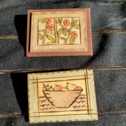 Vintage Pair Of Handmade Wooden Brooches Pat Brown Fruit Bowl & Flowers