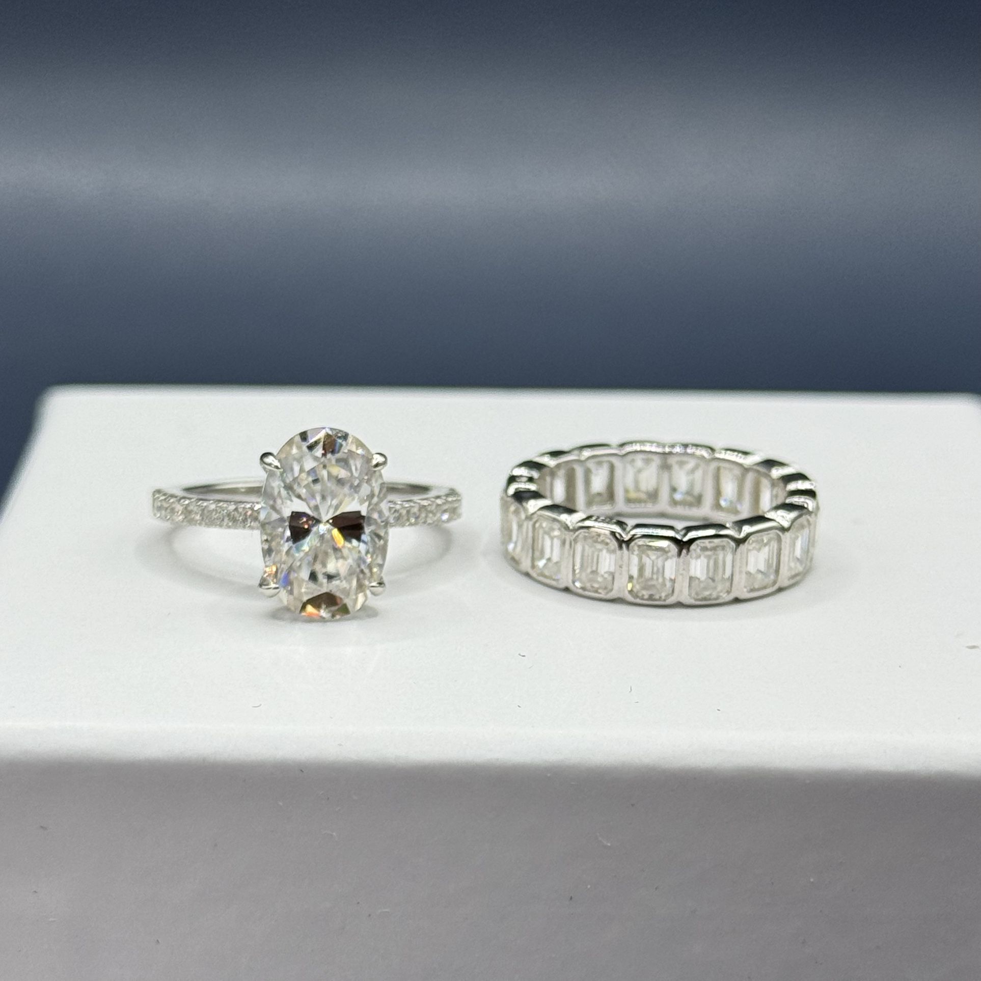 9.6cttw VVS1 Moissanite eternity set & oval cut and eternity band size 6
