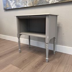 Antique Greige Desk Solid Wood Side Table w/ Storage Shelf & Pull Out Shelf- Fluted Legs