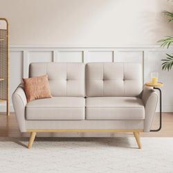 Brelice Loveseat Sofa, Mid Century Modern Decor Love Seat Couch with Solid Wood, Convertible Wooden Tray Living Room Furniture, Button Tufted Upholste