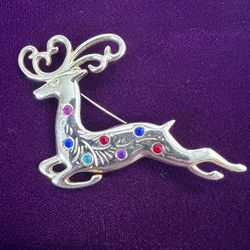 Vintage Christmas Pin Brooch Leaping Reindeer Rainbow Rhinestone Gold Tone