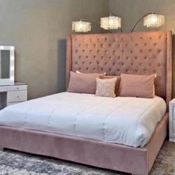 NEW IN BOX 6FT Tall King & Queen Size Pink Tufted Velvet Fabric Bed Frame